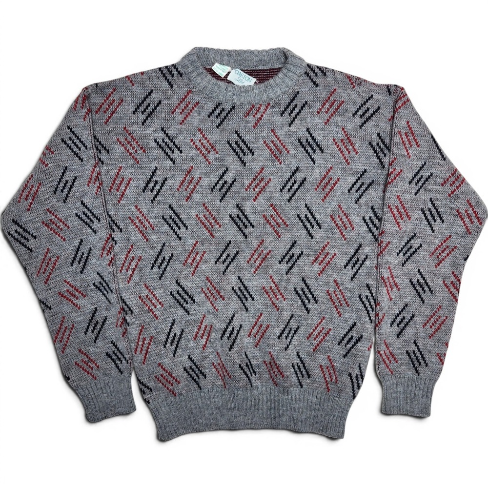 Vintage 80s Geometric Wool Blend Knit Crew Sweater Gray Italy Retro Size M